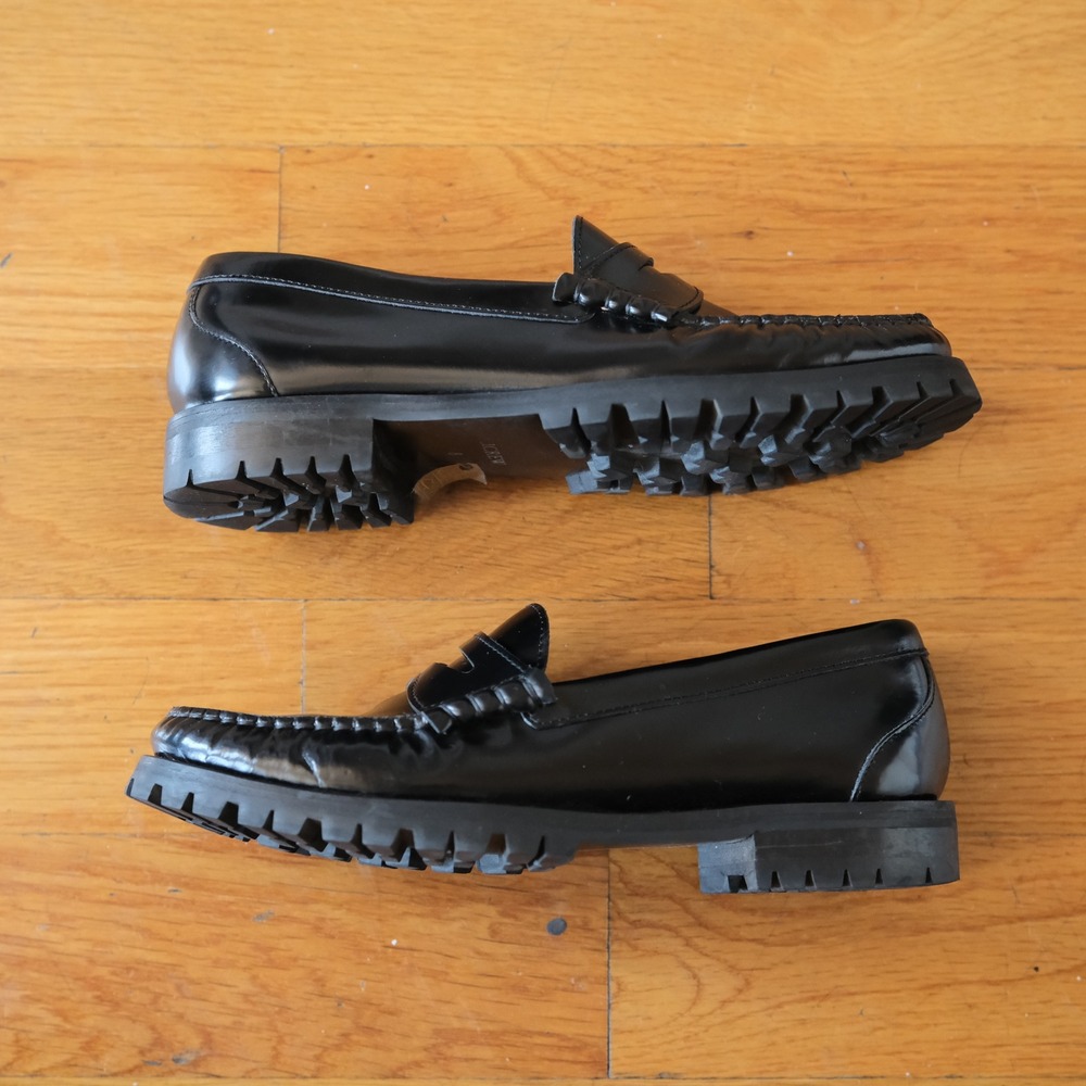 J.Crew Penny Loafers Women Black Leather Chunky Lug Sole Academic Size 8 Minimal